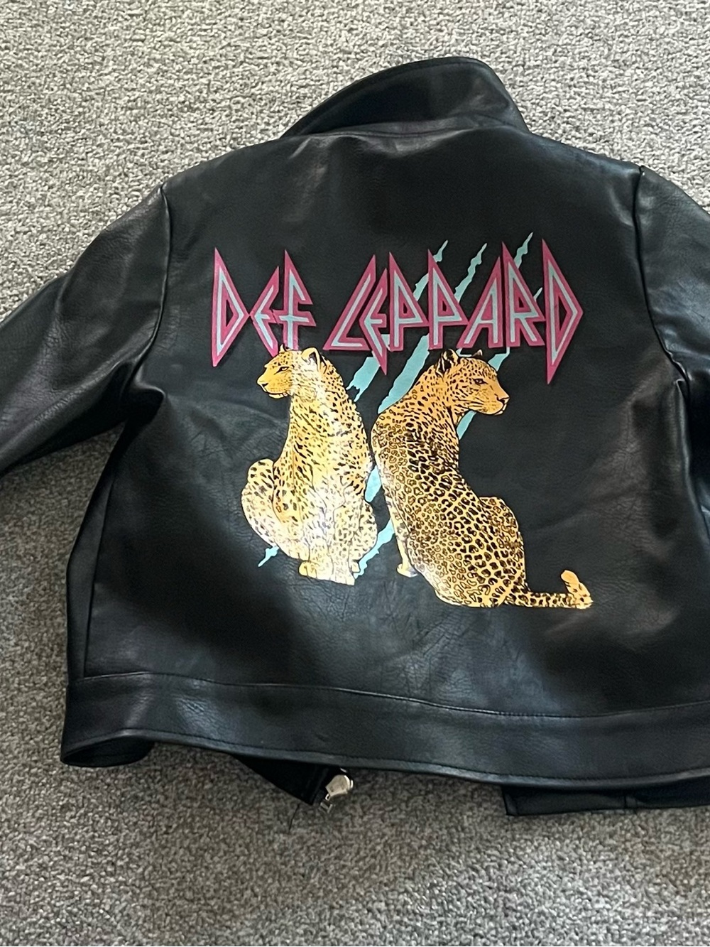 Kids Black Faux Leather Jacket with Def Leppard Leopard Back Graphic